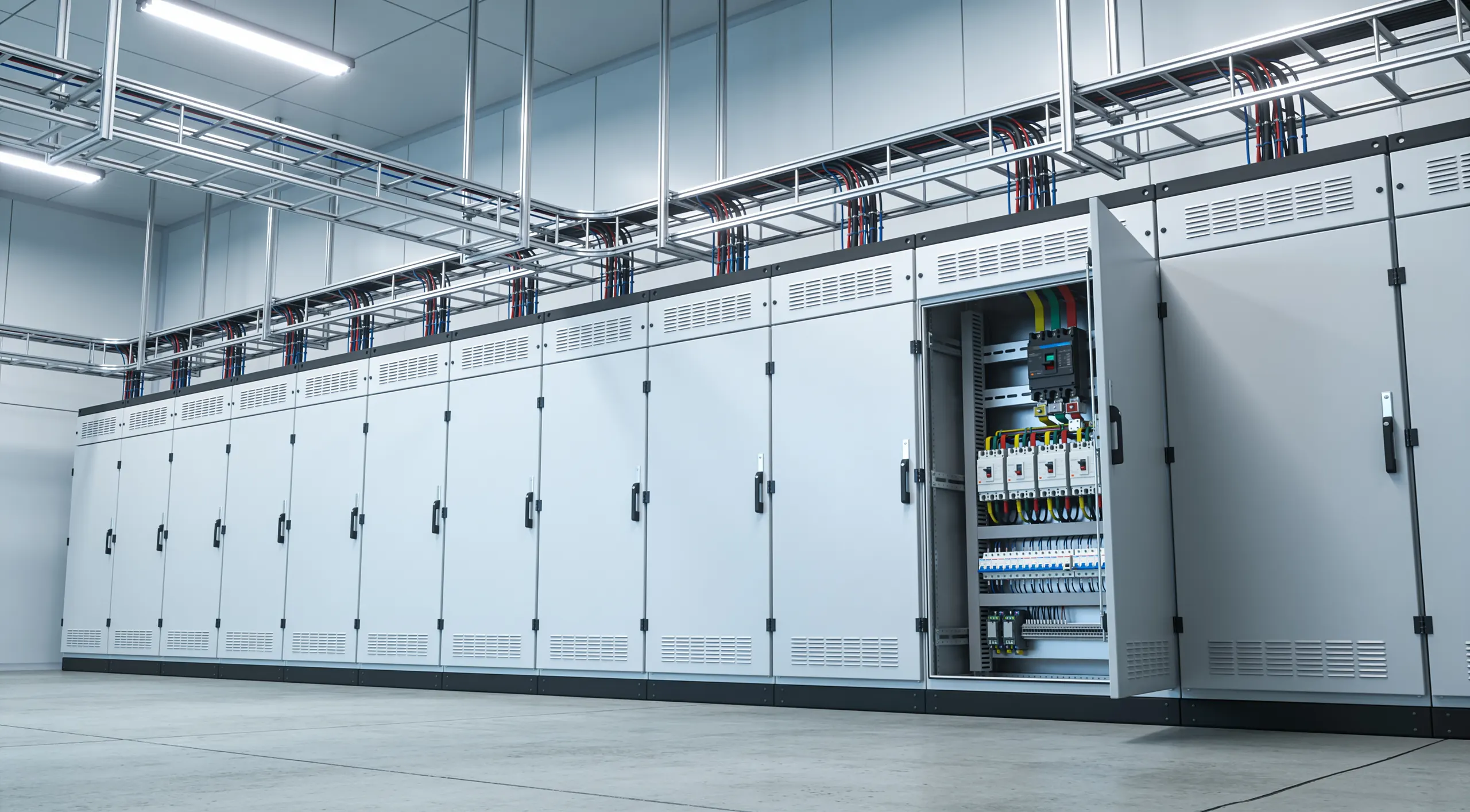 Reihe von Niederspannungs-Schaltschränken in einer Industrieanlage, ein Schrank geöffnet